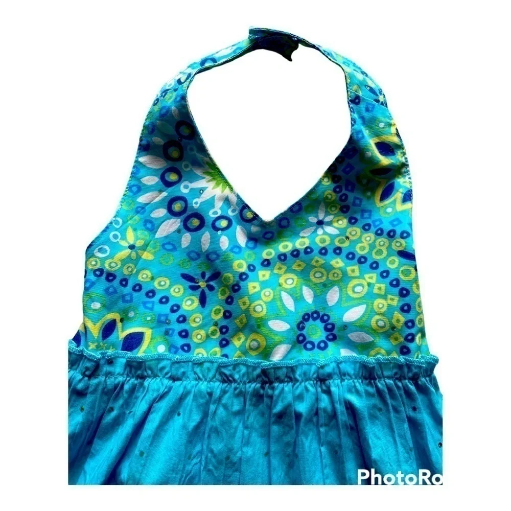 BLUE BERI BLVD-BLUE AND YELLOW BOHO STYLE HALTER DRESS-SZ 24 MONTHS